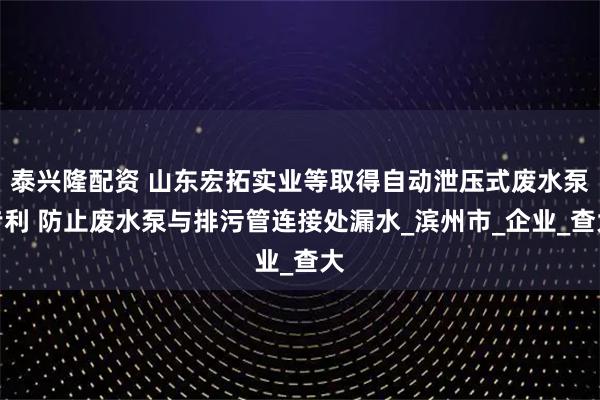 泰兴隆配资 山东宏拓实业等取得自动泄压式废水泵专利 防止废水泵与排污管连接处漏水_滨州市_企业_查大